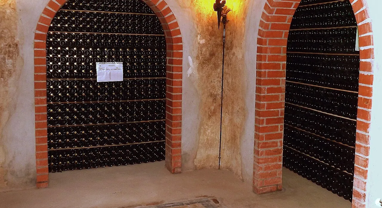 Garrafas de espumante em estágio nas caves de Cantanhede, na Bairrada